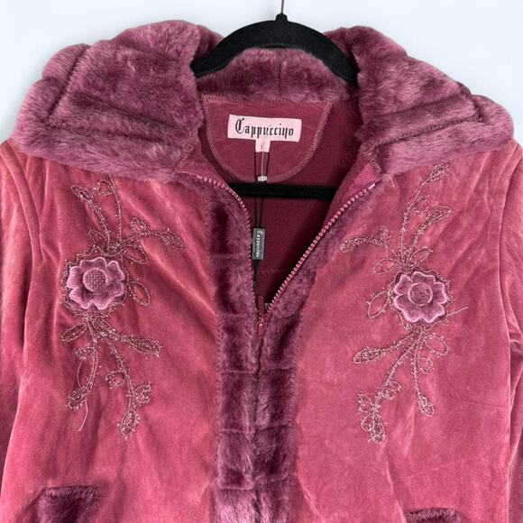 NWT Y2K Cappuccino Faux Fur Embroidered Velour Jacket Sz L - Pink Bratzcore Coat - Picture 2 of 8